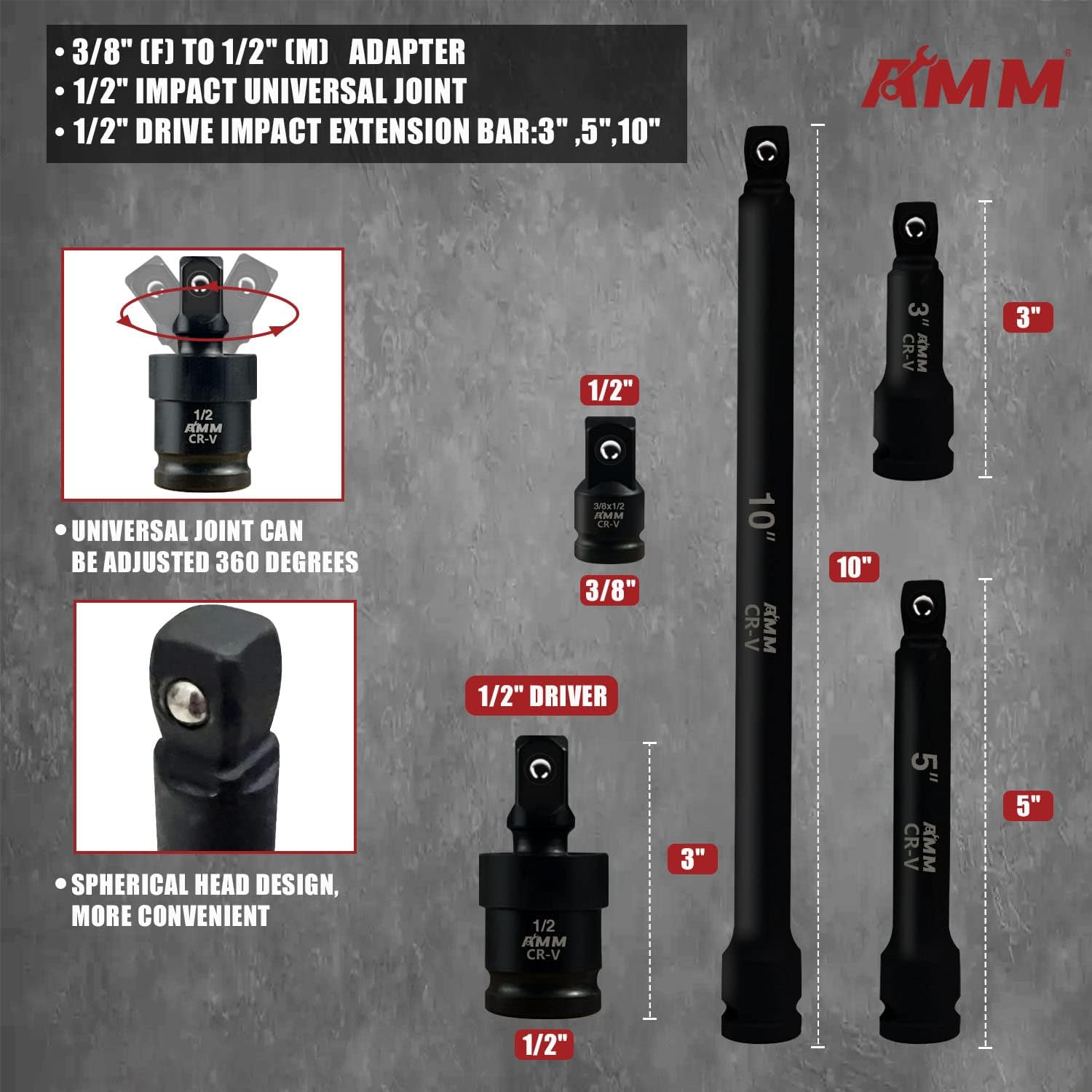 AMM 1/2-inch 66 Pieces Impact Socket Master Set, SAE & Metric from 5/16'-1-1/4',8-24mm, Shallow/Deep Socket Set with Ratched Hand, Extension Bar and Adapters，Cr-V steel