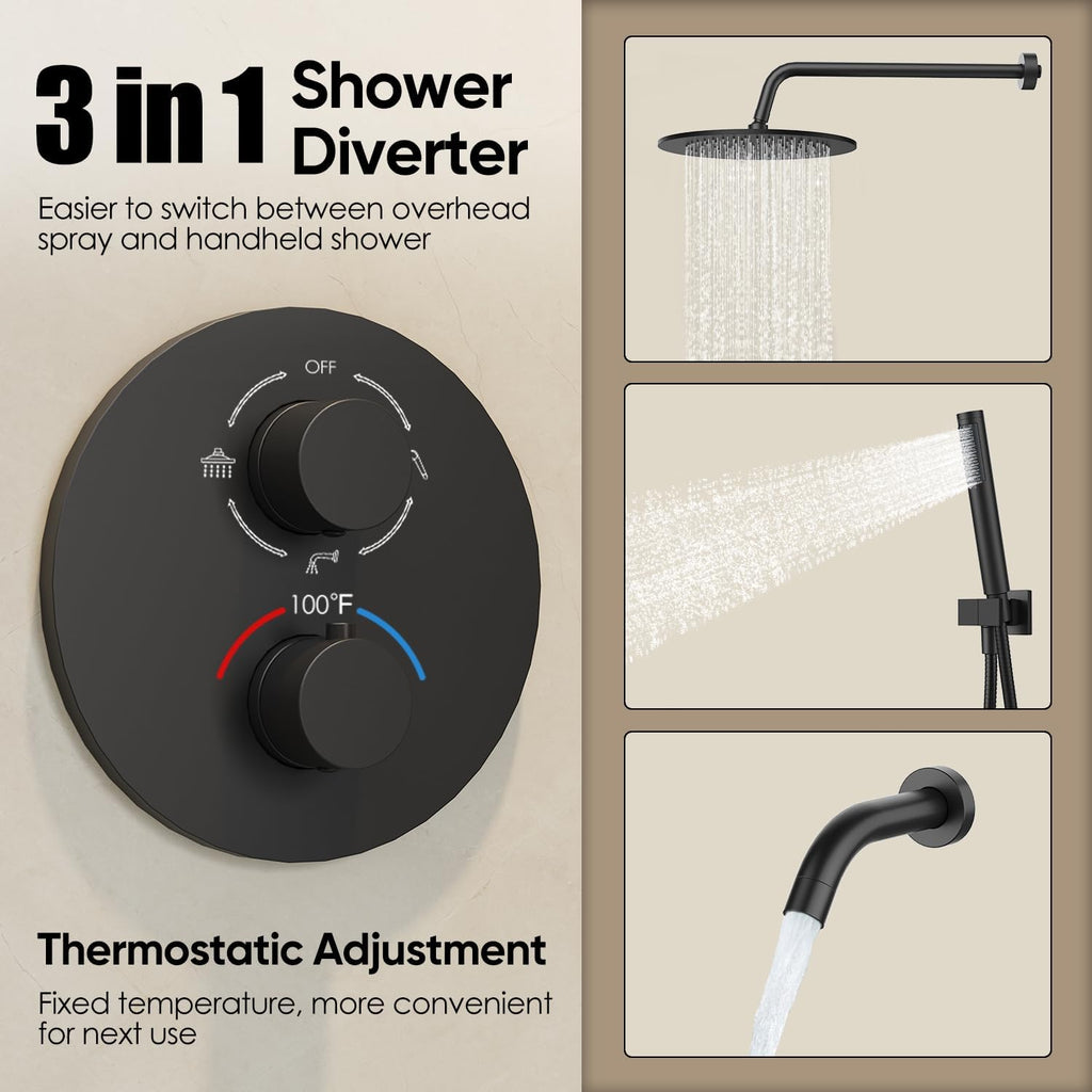 Gabrylly Thermostatic Shower System with Tub Spout, All Metal Bathtub Shower Faucets Set with Anti Scald Shower Valve, High Pressure 10' Rain Shower head with Handheld Spray Combo, Matte Black