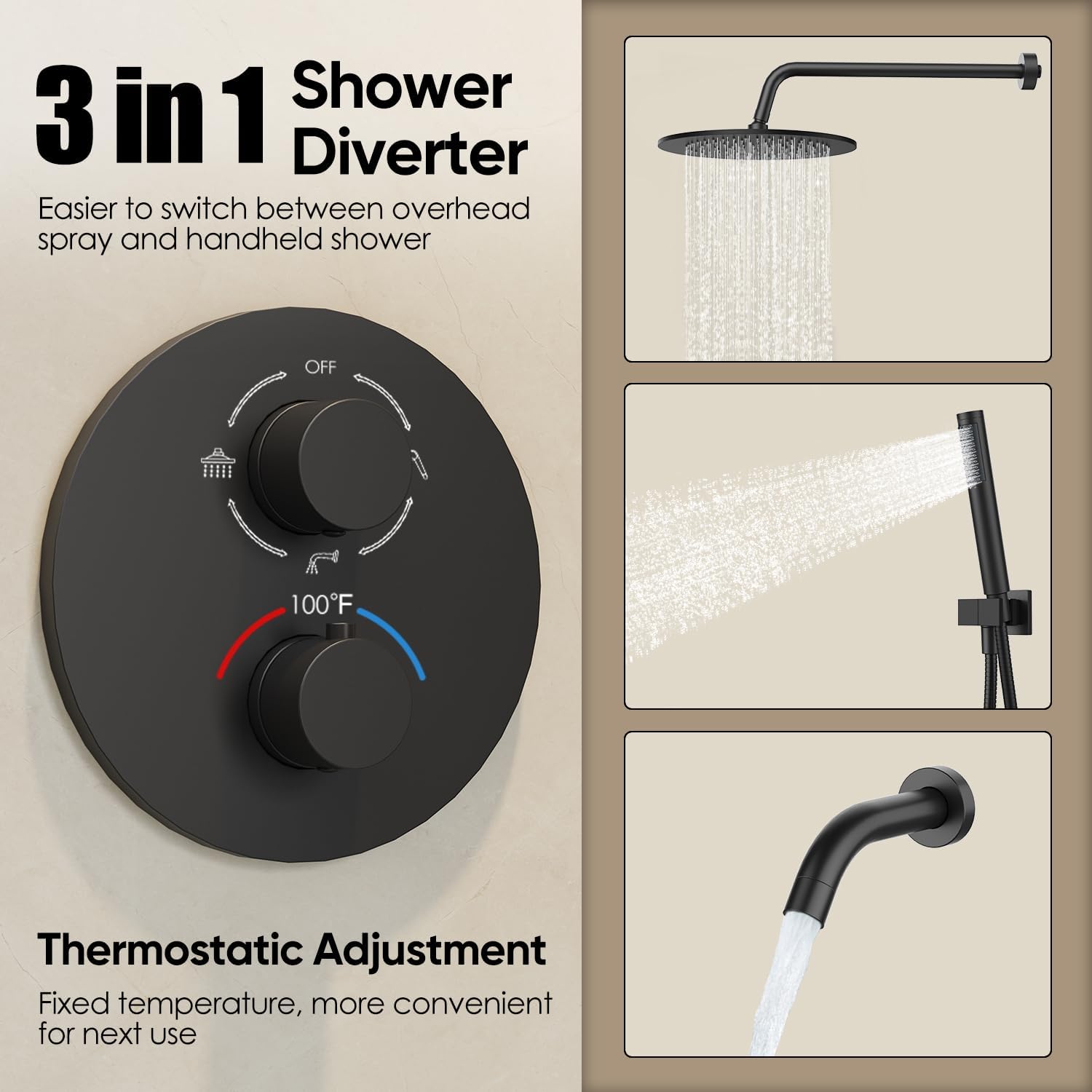Gabrylly Thermostatic Shower System with Tub Spout, All Metal Bathtub Shower Faucets Set with Anti Scald Shower Valve, High Pressure 10' Rain Shower head with Handheld Spray Combo, Matte Black