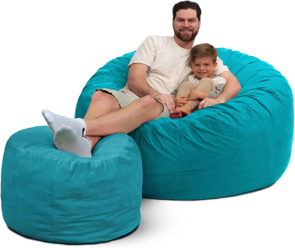 ULTIMATE SACK 5000 5-Foot Bean Bag Chair with Footstool, Teal Suede Cover – Oversized Foam Lounger, Floor Seat, Small Sofa, or Couch Bed for Living Area, Gaming Room, or Reading Lounge