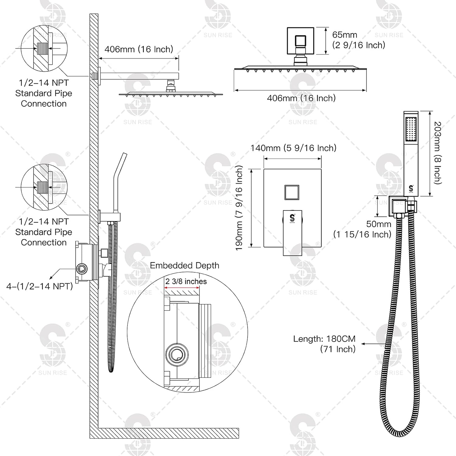 SR SUN RISE Matte Black Square Rainfall Shower Head and Handle Set, Wall Mounted Shower Fixtures, Metal Shower Faucet Trim Repair Kits (With Shower Valve) 16 Inches