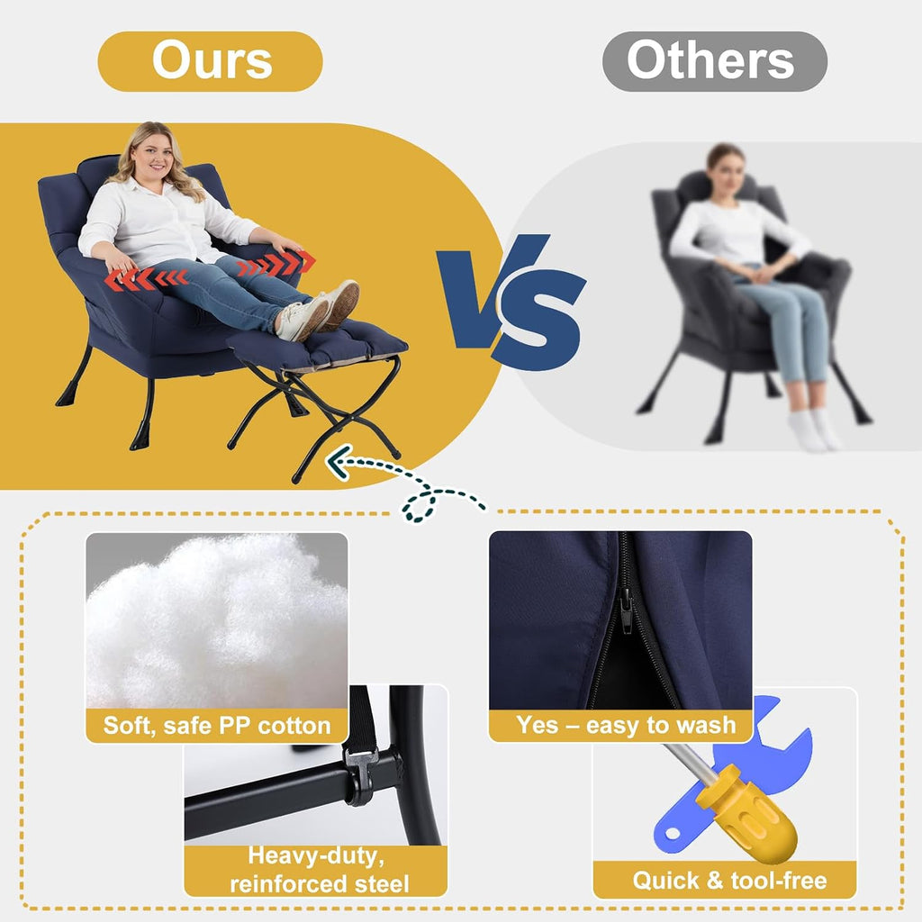 Lazy Chair with Ottoman, Large Accent Chair with Ottoman and a Throw Pillow, Navy Reading Chair for Living Room Bedroom Dorm Room Office Apartment Relaxing Use