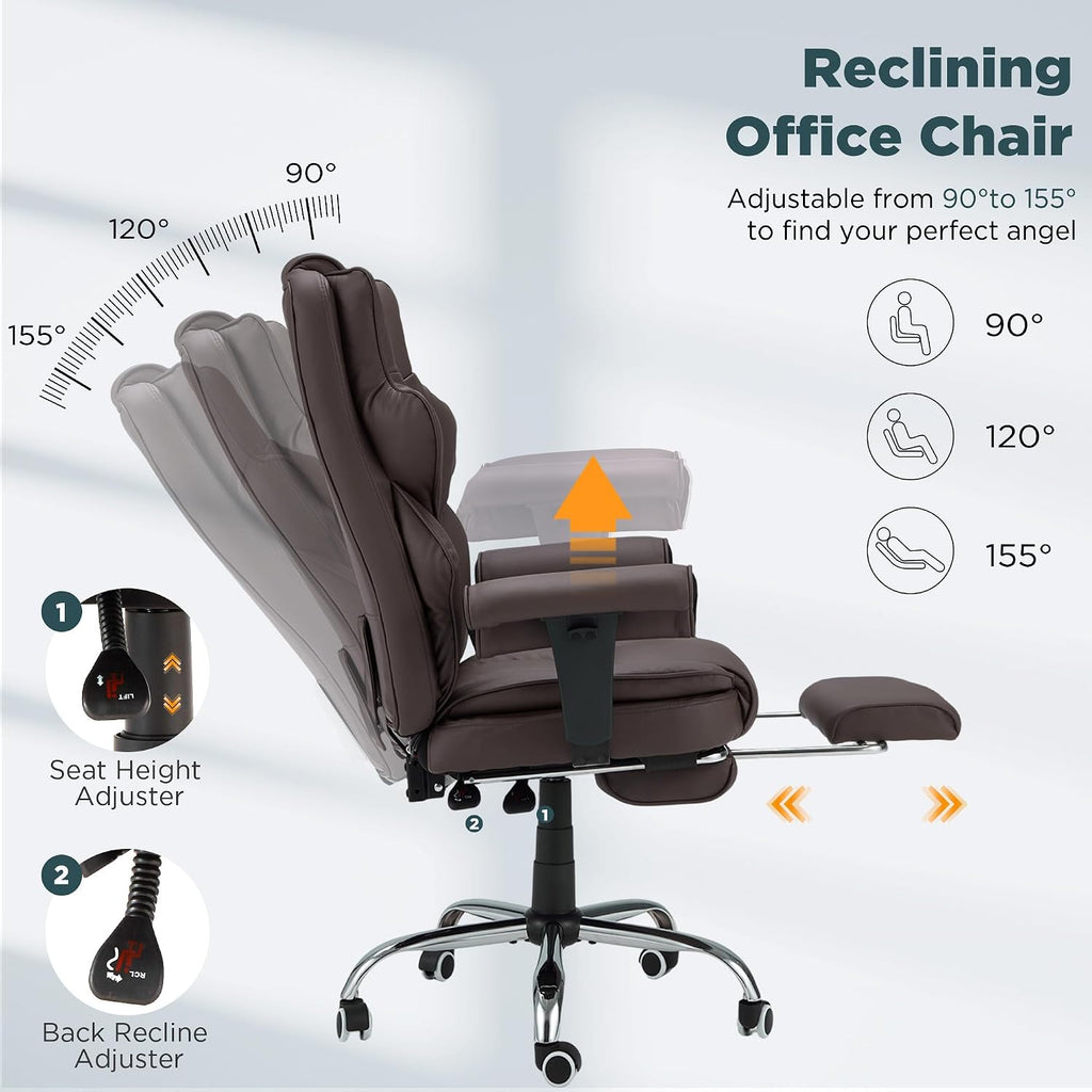 HOMREST Brown Ergonomic Office Chair with 6-Point Vibration Massage & Heat – Reclining Executive Chair with Adjustable Footrest and Armrests, PU Leather Big and Tall Home Office Desk Chair