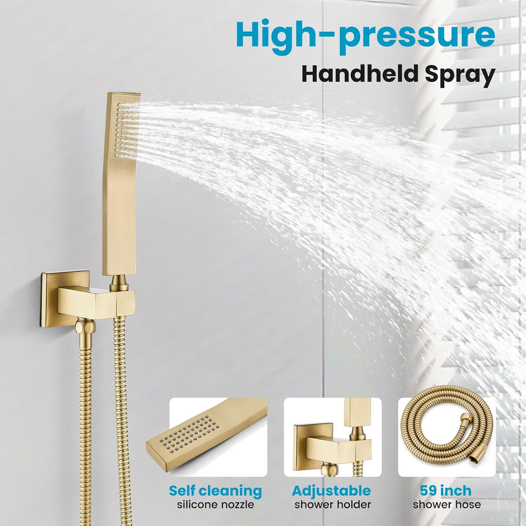 gotonovo Rainfall Bathroom Shower System Rain Shower Head and Handle Set Wall Mounted Shower Complete Combo Solid Brass Pressure Balancing Shower Mixer Valve 12 Inch Brushed Gold