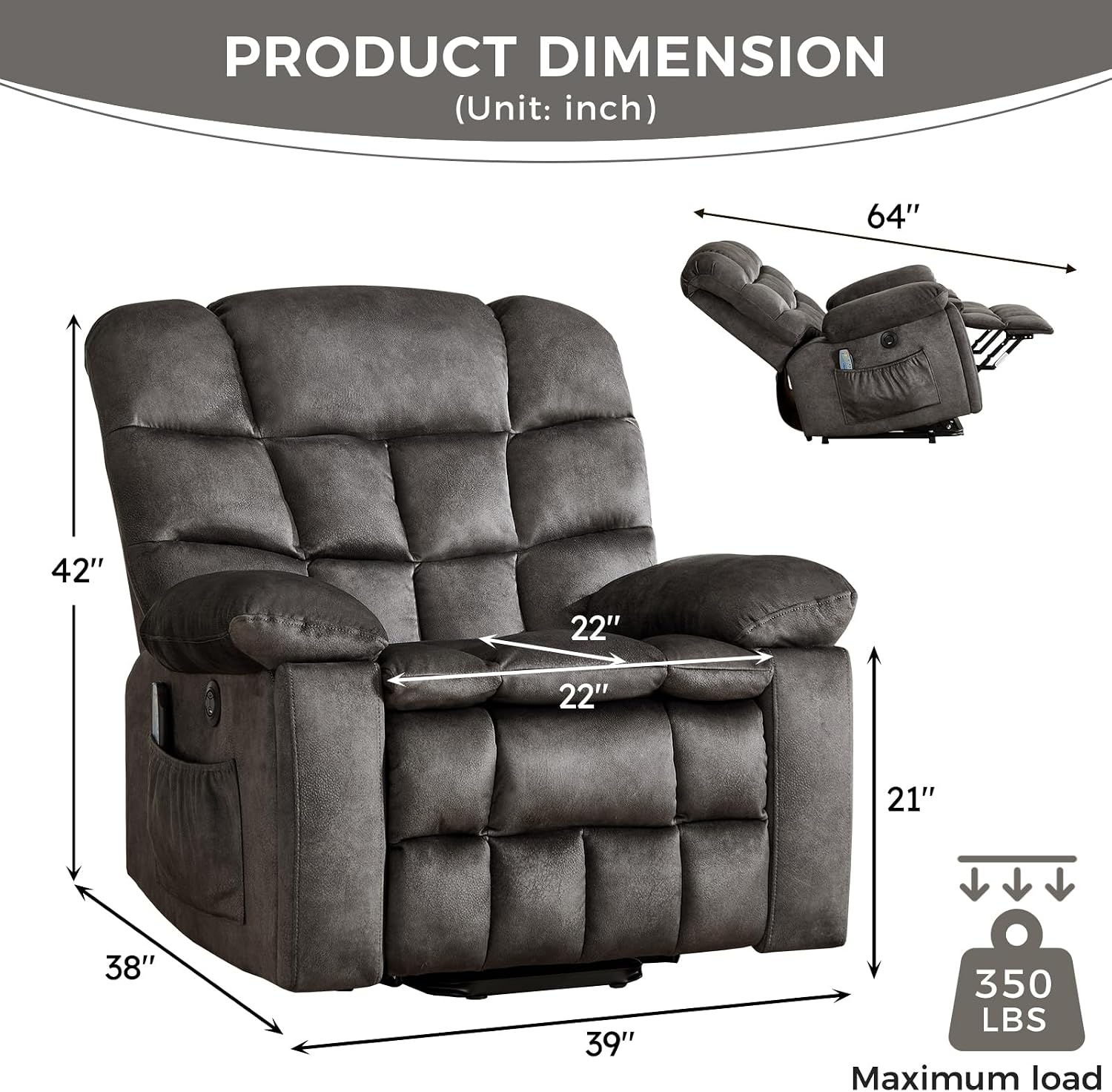 IOMOR Power Lift Recliner Chair for Elderly with Vibration Massage and Lumbar Heating, Overstuffed Electric Lift Chair with 2 Side Pockets and Cup Holders, USB & Type-C for Living Room, Dark Gray