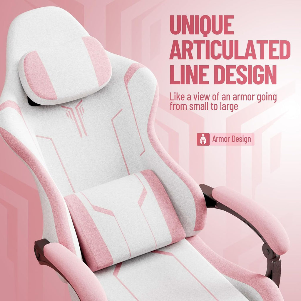 Ferghana Gaming Chair, Cloth Fabric Ergonomic Computer Chair with Massage Lumbar Support, High Back Office Game Chair with Footrest and Linkage Armrest for Adult, White/Pink