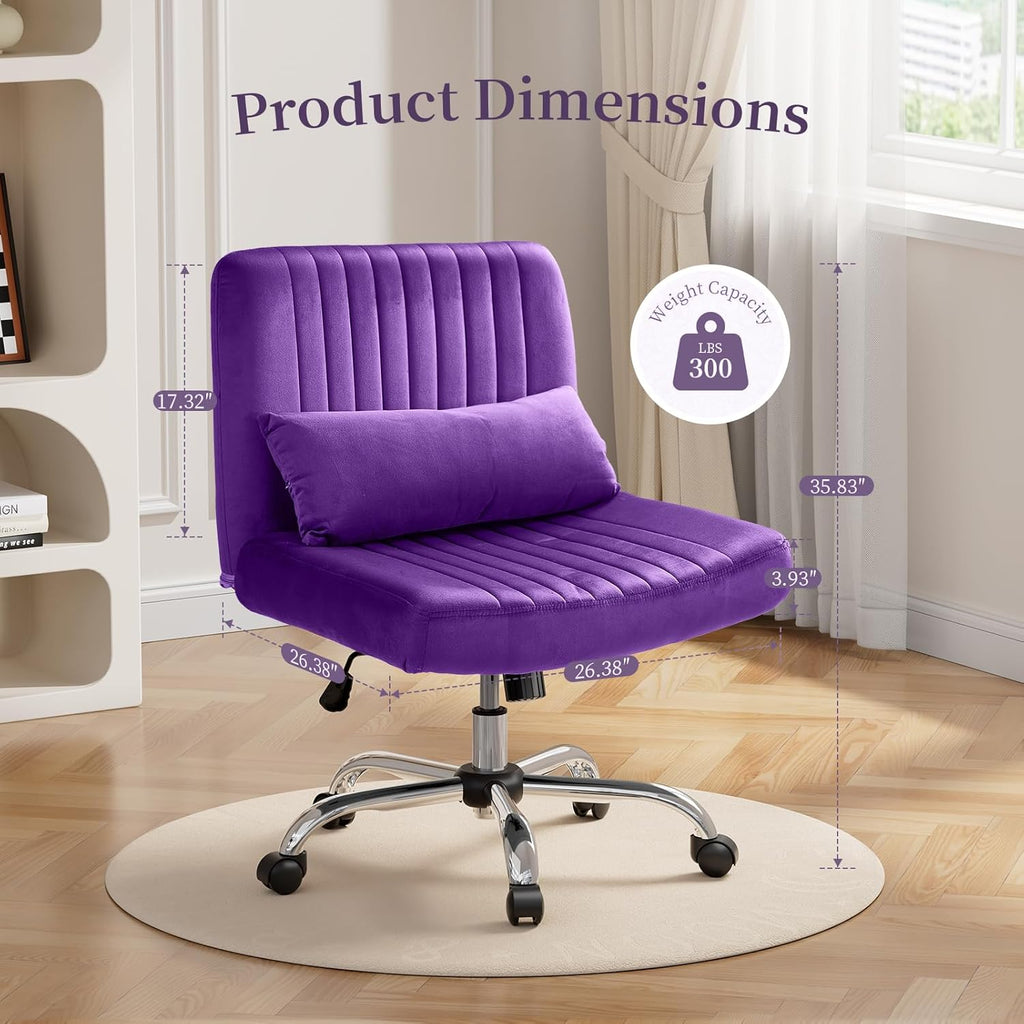Criss Cross Chair with Wheels, Velvet Cross Legged Office Chair, Comfy Desk Chair for Home Office, Ergonomic Computer Chair, Wide Seat Vanity Chair, Birthday Gift for Women, Velvet Plum Purple