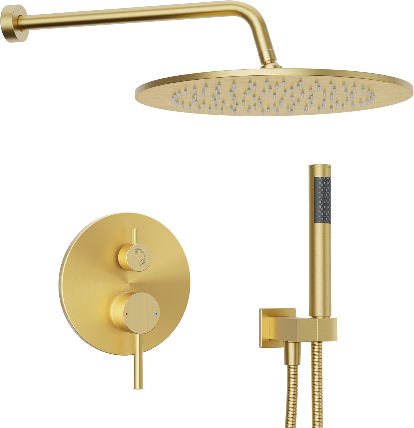 Gabrylly Brushed Gold Shower System with Rough-in Valve, 10 Inch Wall Mounted High Pressure Rainfall Shower Head with Handheld Combo, Luxury All Metal Bathroom Shower Faucet Fixtures Complete Set