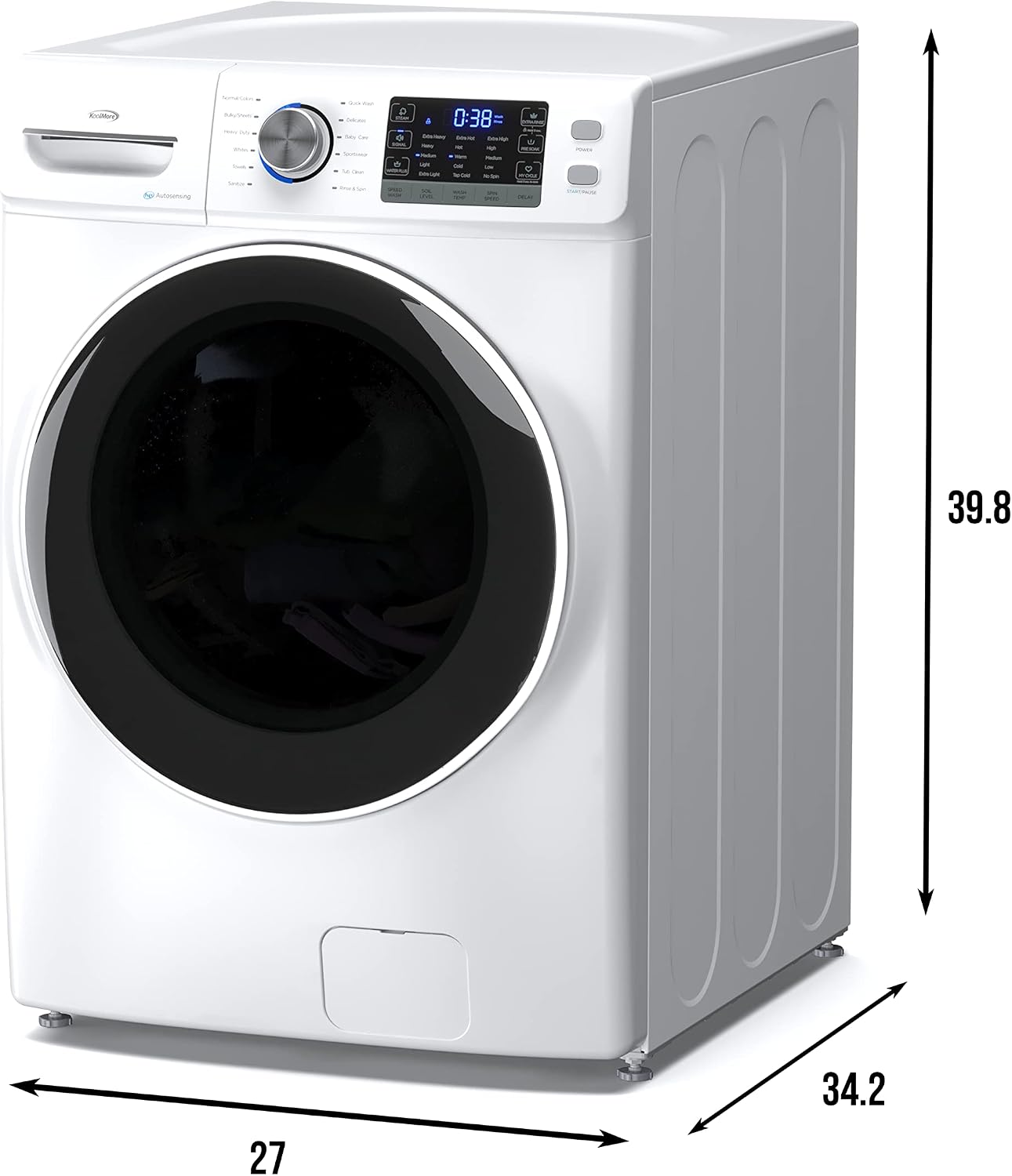 KoolMore 27' Front Load X-Large 4.5 Cu. Ft. Washing Machine with Quiet Inverter Motor, Steam and Water Plus Functions, 20-Minute Quick Wash, and 12 Washing Cycles [White] [120V] (FLW-5CWH)