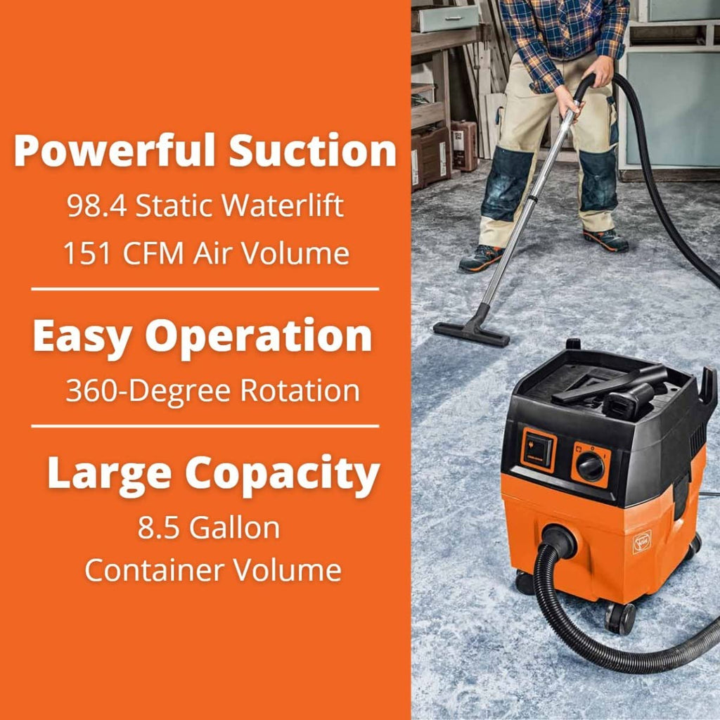 Fein Turbo II Wet/Dry Vacuum - 8.4-Gal Shop Vac for Garage, Woodworking & Jobsite, 151 CFM Suction, Quiet 66 dB, Long Cord & Hose, Anti-Static Tool-Activated Dust Extractor - 92036118090