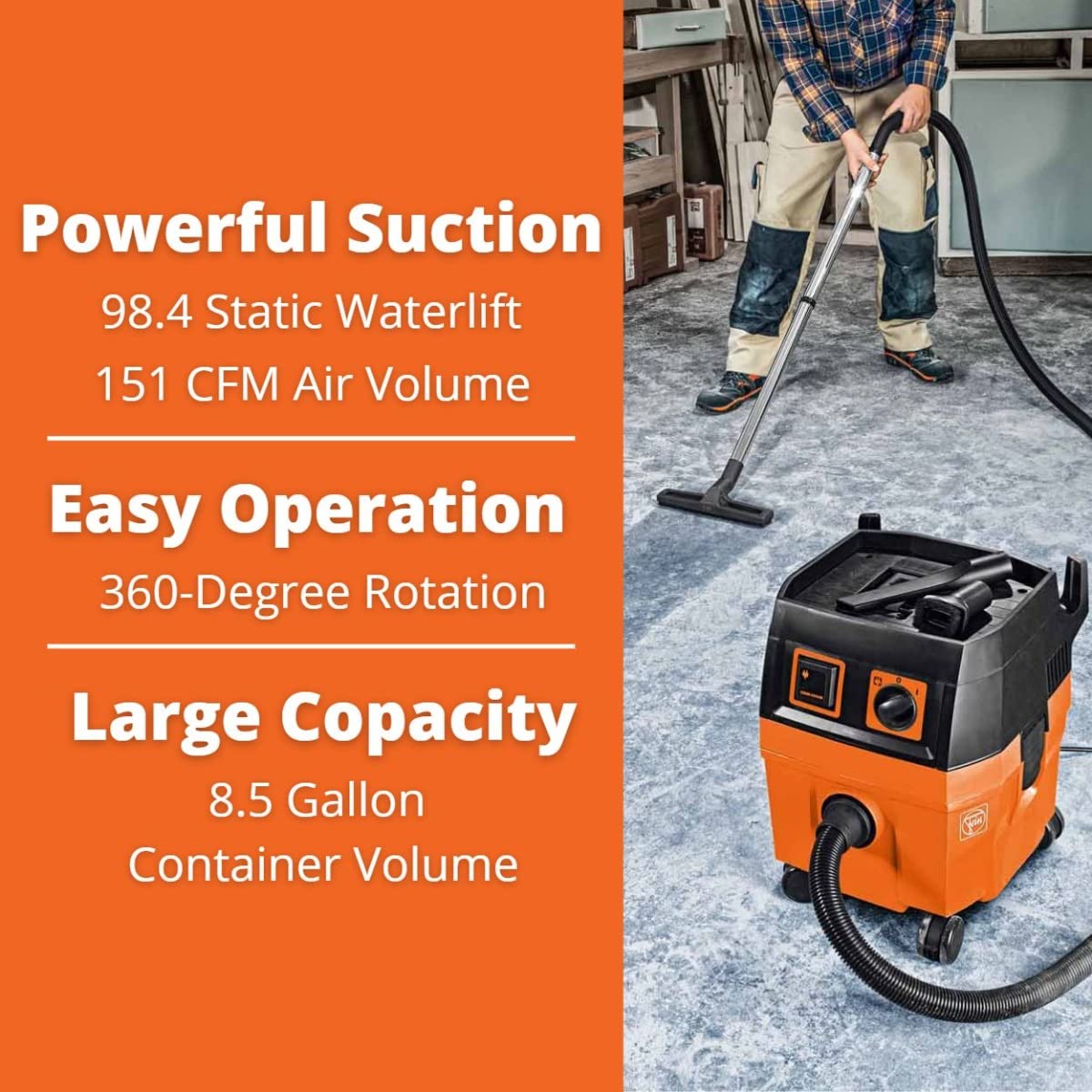 Fein Turbo II Wet/Dry Vacuum - 8.4-Gal Shop Vac for Garage, Woodworking & Jobsite, 151 CFM Suction, Quiet 66 dB, Long Cord & Hose, Anti-Static Tool-Activated Dust Extractor - 92036118090