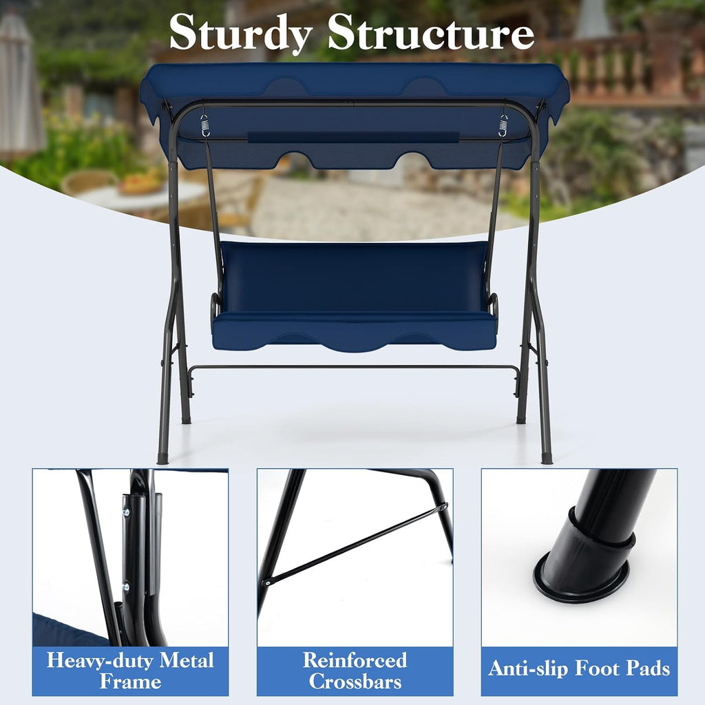 DREAMADE Porch Swing Outdoor, 3 Person Patio Swing w/Removable Cushion, Stand & Adjustable Canopy, Heavy Duty Swing Chair for Patio, Garden, Courtyard, Poolside