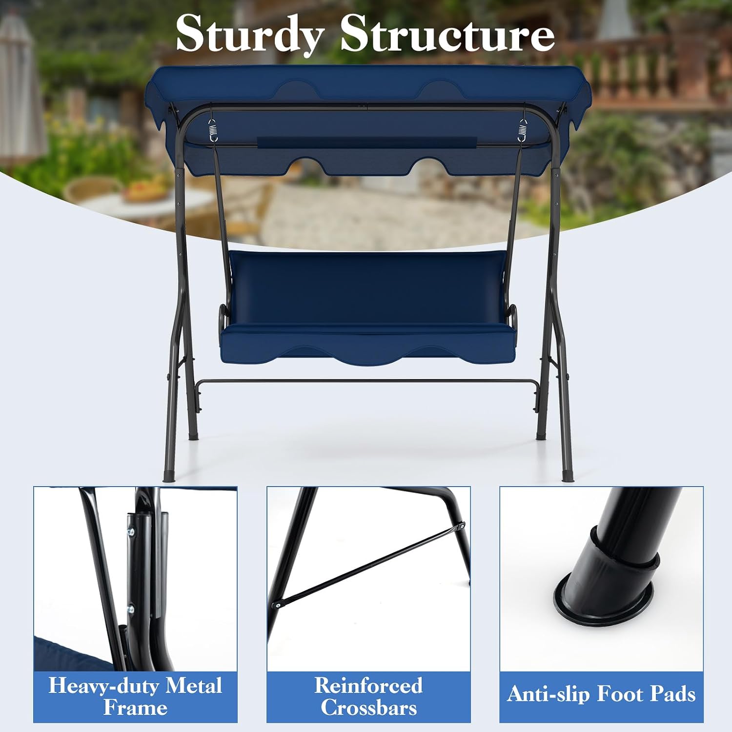 DREAMADE Porch Swing Outdoor, 3 Person Patio Swing w/Removable Cushion, Stand & Adjustable Canopy, Heavy Duty Swing Chair for Patio, Garden, Courtyard, Poolside