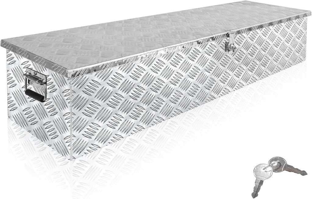 Aluminum Underbody Truck Box 49'×13'×10' Pick up Square Storage Toolbox Heavy Duty Diamond Plate Tool Boxes with Side Handle Buckle Lock and Keys for Storage and Organization