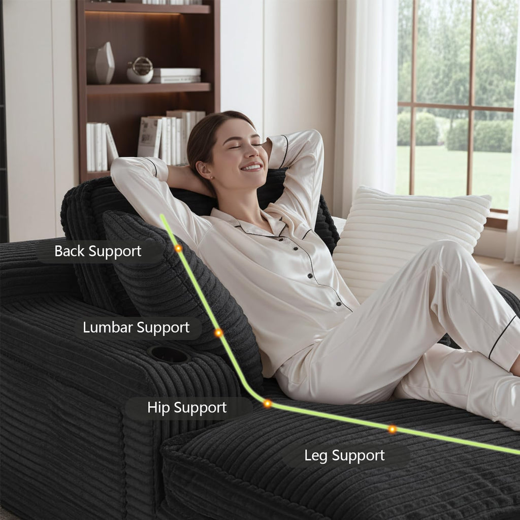 67' Oversized Chaise Lounge Chair Indoor, Soft Boneless Cloud Couch with 3 Pillows, 4 Side Pockets and 2 Cup Holders, Comfy Corduroy Sleeper Couch for Living Room Bedroom