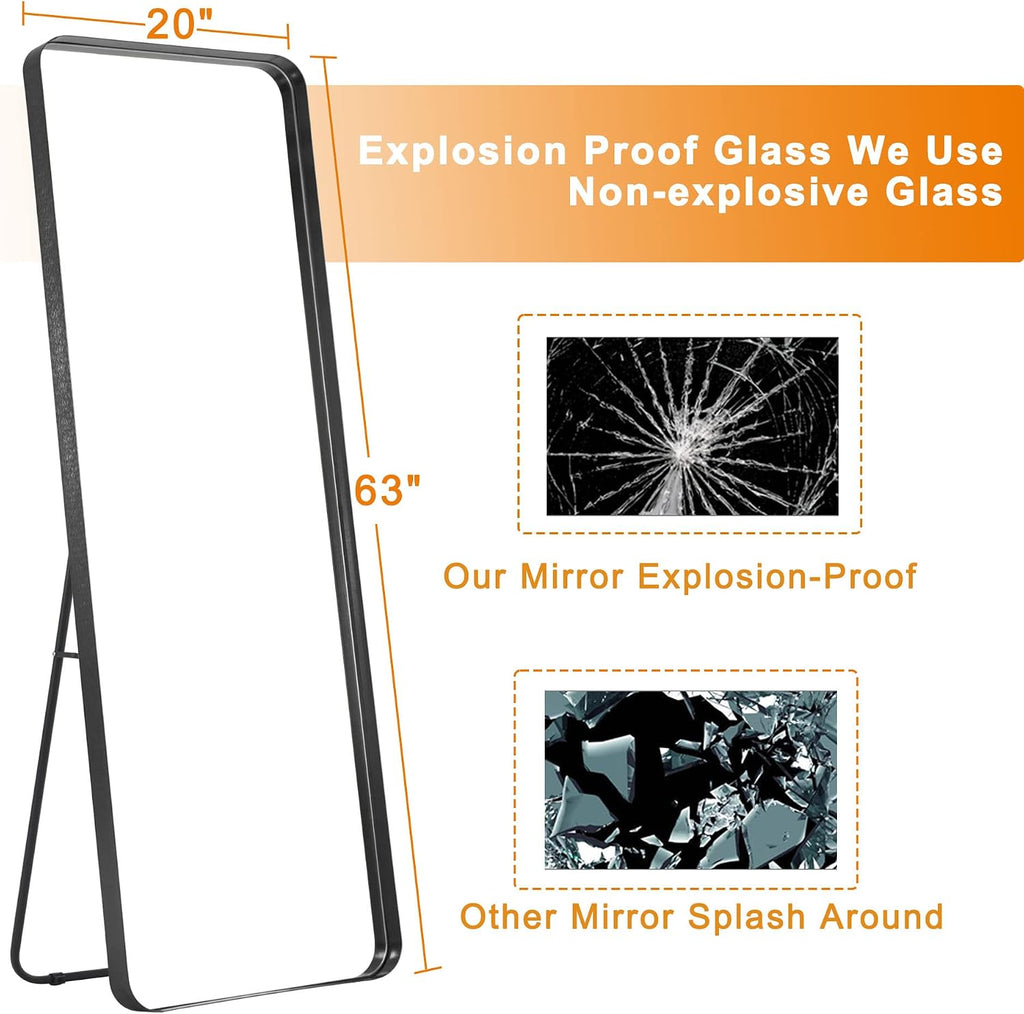NeuType Full Length Mirror, 63'x20' Floor Mirror Full Body Dressing Mirror Round Corner, Hanging or Leaning Against Wall Large Rectangle Wall Mounted Deep Set Aluminum Alloy Frame for Bedroom, Black