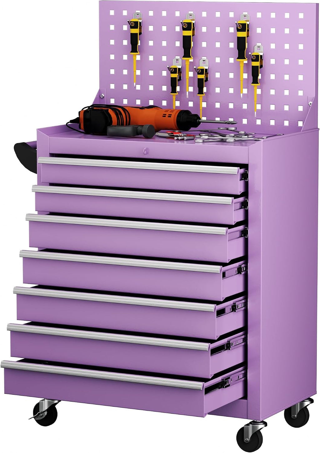 INTERGREAT 7 Drawers Rolling Tool Box with Pegboard,Portable Tool Chest with Wheels, Tool Box Organizer with Locking System for Garage(Purple)