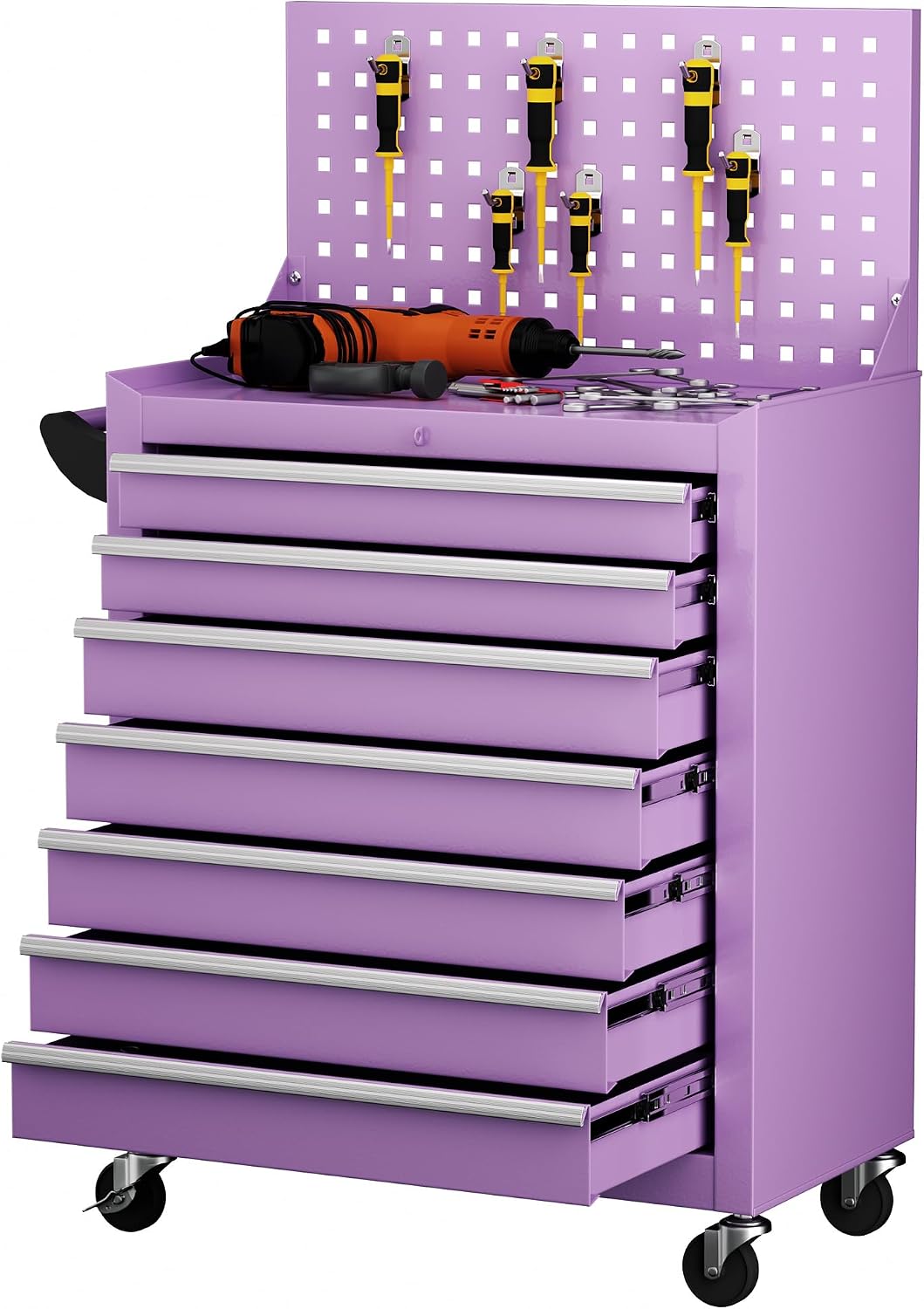 INTERGREAT 7 Drawers Rolling Tool Box with Pegboard,Portable Tool Chest with Wheels, Tool Box Organizer with Locking System for Garage, Purple