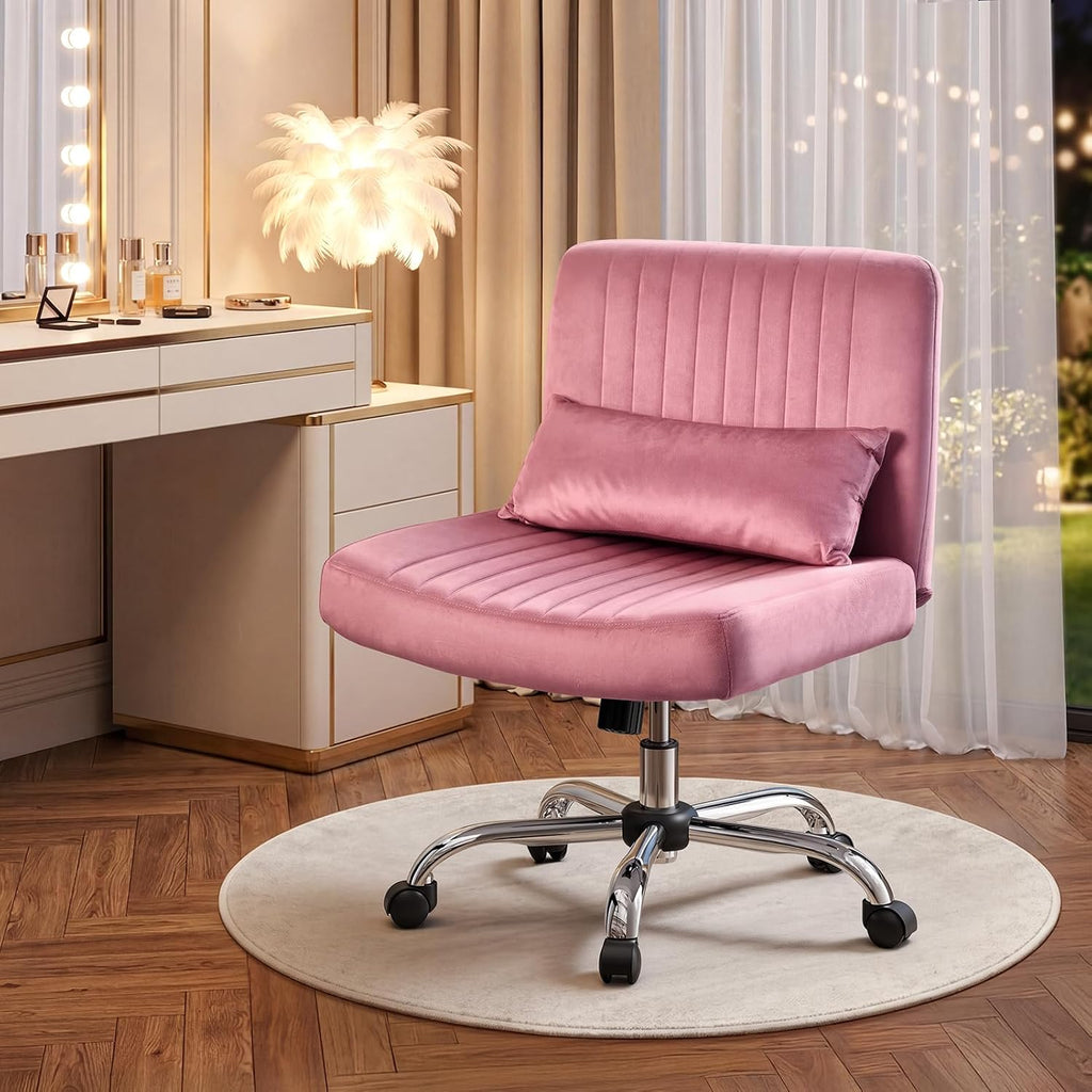 Warmiehomy Velvet Criss Cross Desk Chair with Wheels, Luxury Cross Legged Office Chairs for Home Office, Swivel Wide Seat Vanity Chair, Armless Adjustable Height Gaming Chair Gift, Dusty Rose