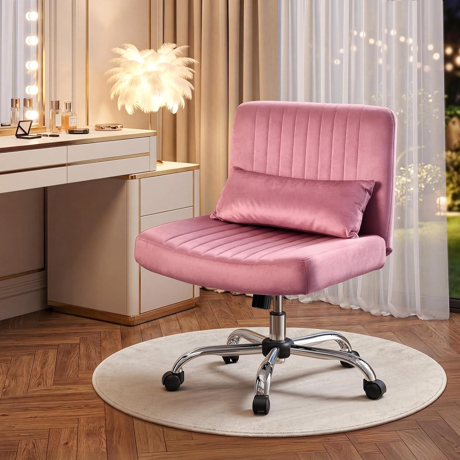 Warmiehomy Velvet Criss Cross Desk Chair with Wheels, Luxury Cross Legged Office Chairs for Home Office, Swivel Wide Seat Vanity Chair, Armless Adjustable Height Gaming Chair Gift, Dusty Rose