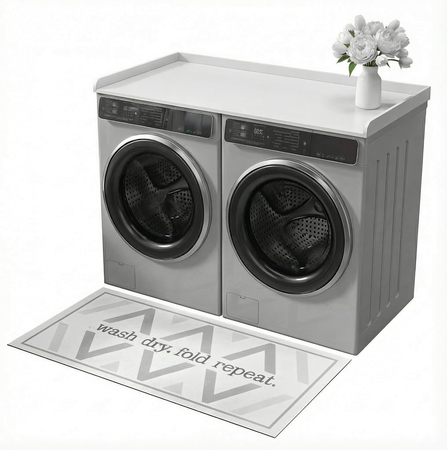 FIMELLO 27.6' x 54' Washer and Dryer Countertop, Laundry Countertop with Edge Rails, Washer and Dryer topper, Washing Machine Topper, Laundry Table for Folding Clothes and Storage, White