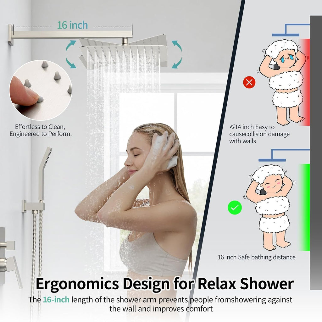 SR SUN RISE Shower Faucet Set Bathroom Square Rain Shower Head with Handheld Spray Wall Mounted Rainfall Shower Fixtures Brushed Nickel Shower Faucet Trim Repair Kits (Contain Shower Valve)10 Inches