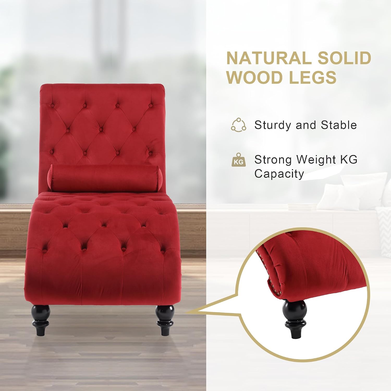 Velvet Chaise Lounge Indoor, Button-Tufted Upholstered Chaise Lounge Chair with Pillow for Bedroom Living Room Office Modern Backrest Leisure Recliner Sleep Sofa (Red)