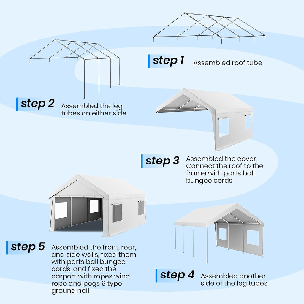 Bezseller 12x20 FT Heavy Duty Carport Canopy with Roll-Up Windows & Doors, Car Tent Portable Garage with All-Season Tarp for Cars, Boat, Trucks, White