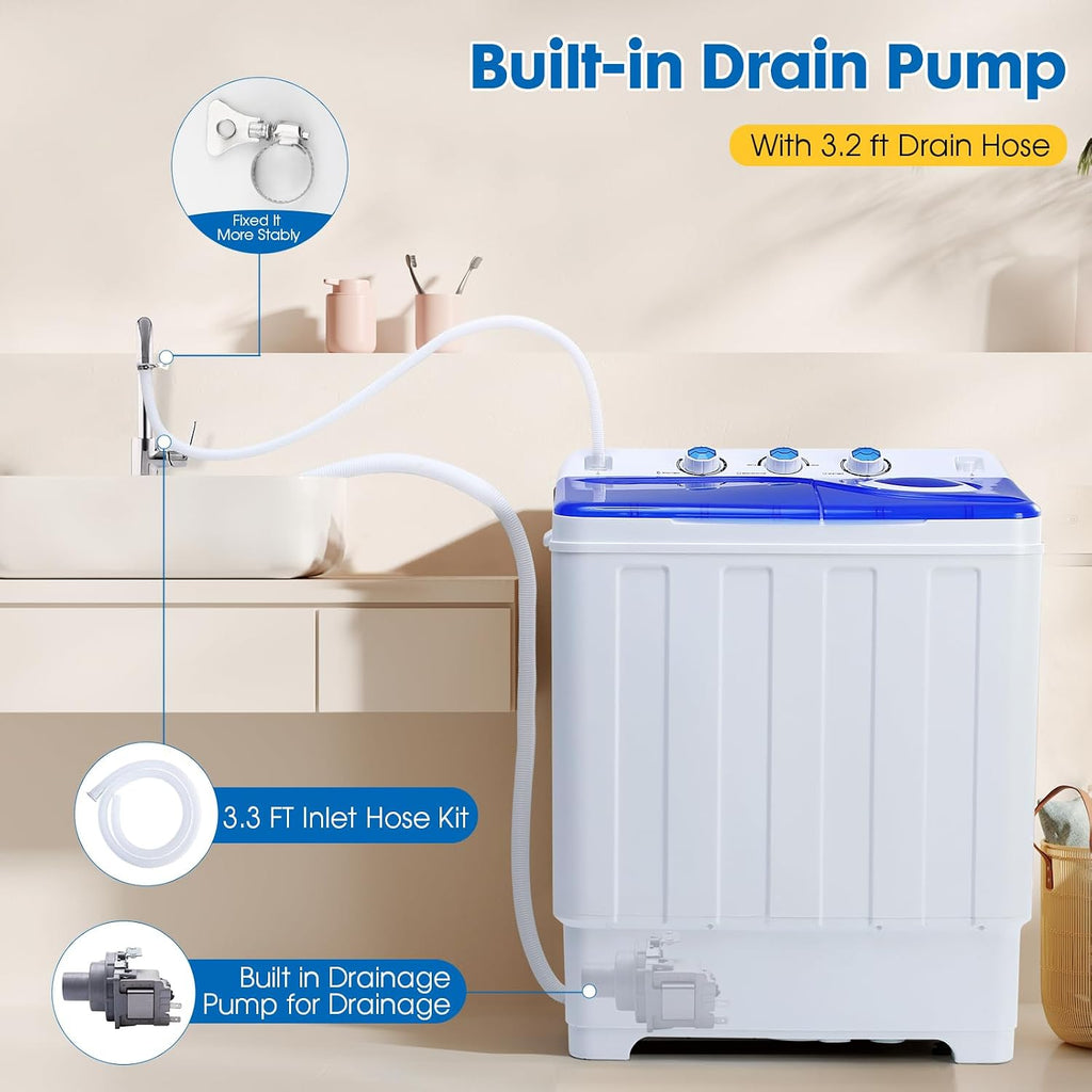 Dawmilon Portable Washing Machine Twin Tub - 28lbs Compact Washer (18lbs) and Spinner Dryer (10lbs) Combo with Drain Pump - Semi Automatic Washing Machine for Apartments, Dorms, RVs, Camping - Blue