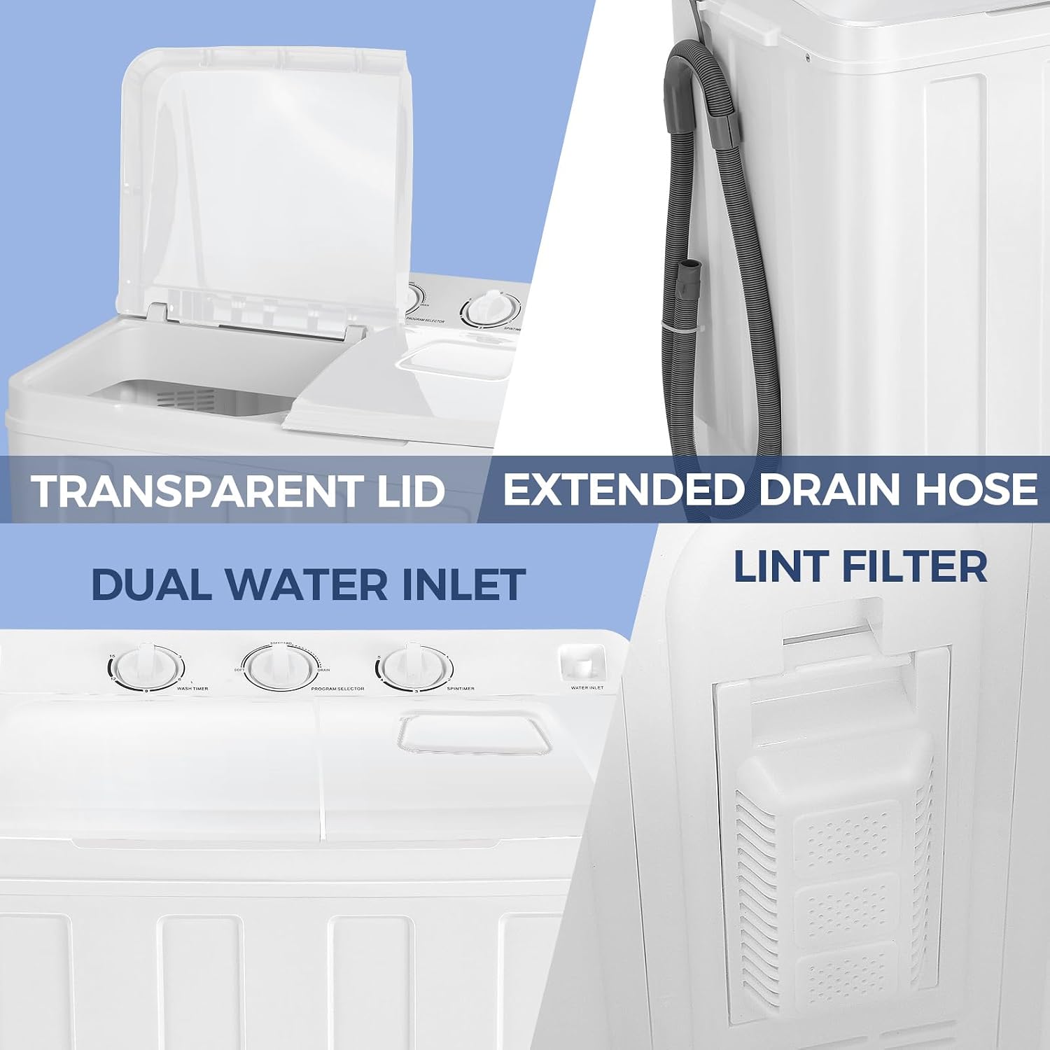 Nictemaw Portable Washing Machine 30Lbs Capacity Twin Tub Compact Laundry Machine 19Lbs Washer and 11Lbs Spin Dryer with Built-in Drain Pump, Small Washing Machine for Apartments, Dorms, RVs