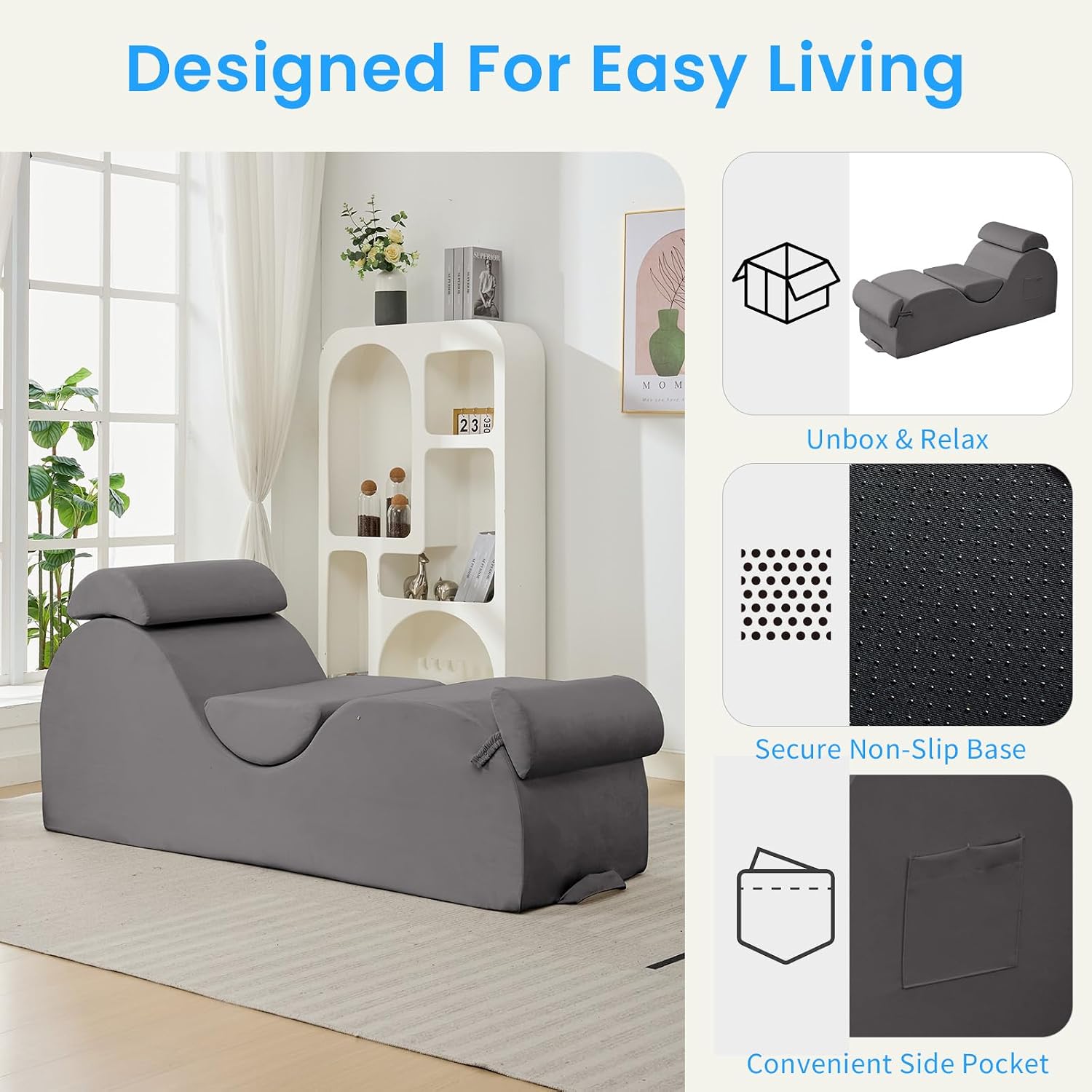 ijuicy 25 Inch Yoga Stretching Chair, Soft Velvet Household Workout Training Chair, Indoor Leisure Lounge Chair with Headrest and Movable Footrest for Body Stretching & Daily Relaxation, Light Grey