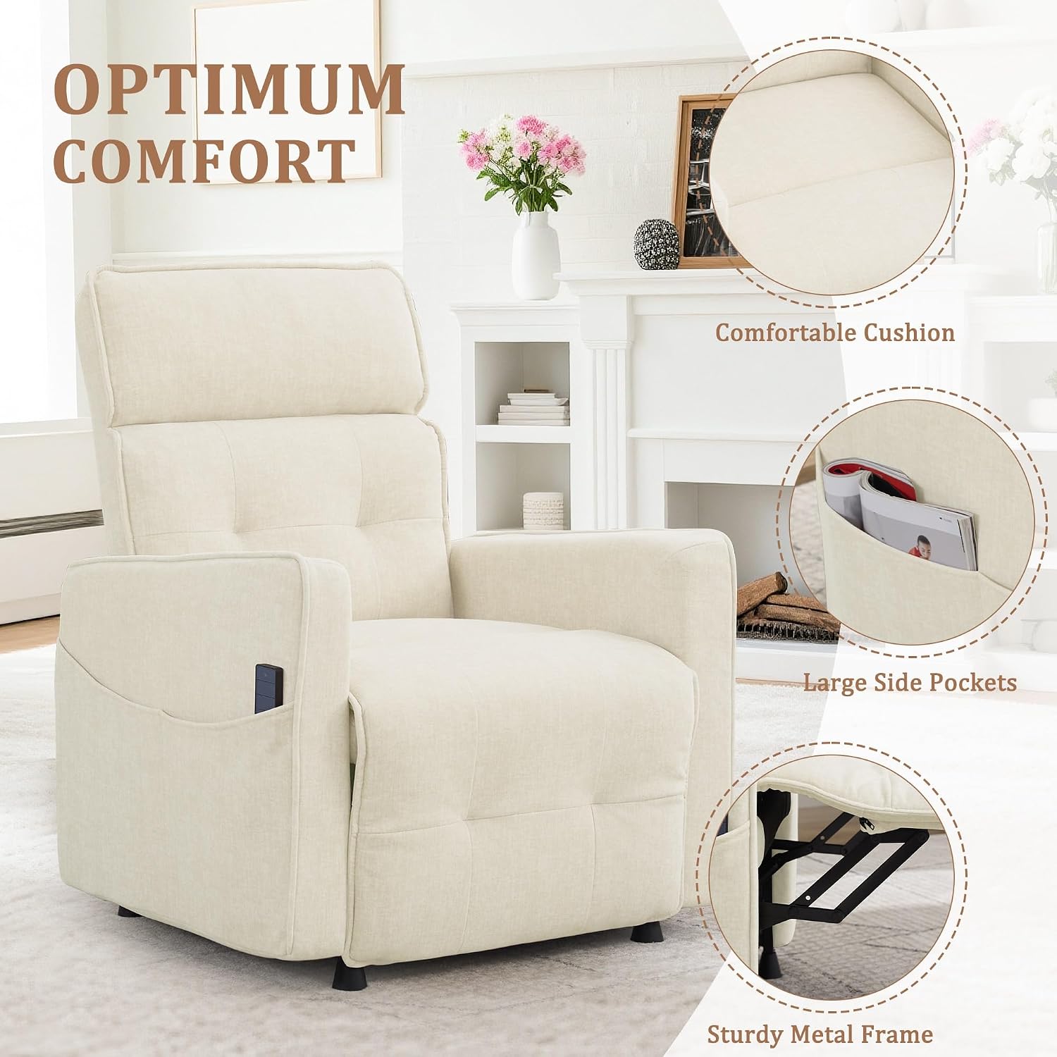 Korser Power Recliner Chair for Adults, Electric Recliner Chairs for Living Room, Comfy Recliners Cashmere Reclining Chair with One-Touch Adjustment & Side Pockets for Reading, Bedroom, Lounge, Beige