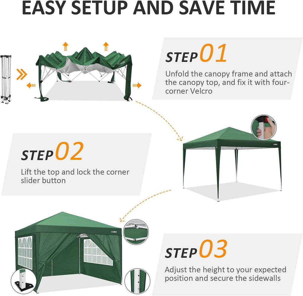 COBIZI 10x10 Pop Up Canopy Tent with 4 Sidewalls,10x10 Ez Up Waterproof Canopy Tents for Parties Camping Exhibition, Outdoor Easy Set U Gazebo Tent with Carry Bag,8 Stakes & 4 Ropes(Green