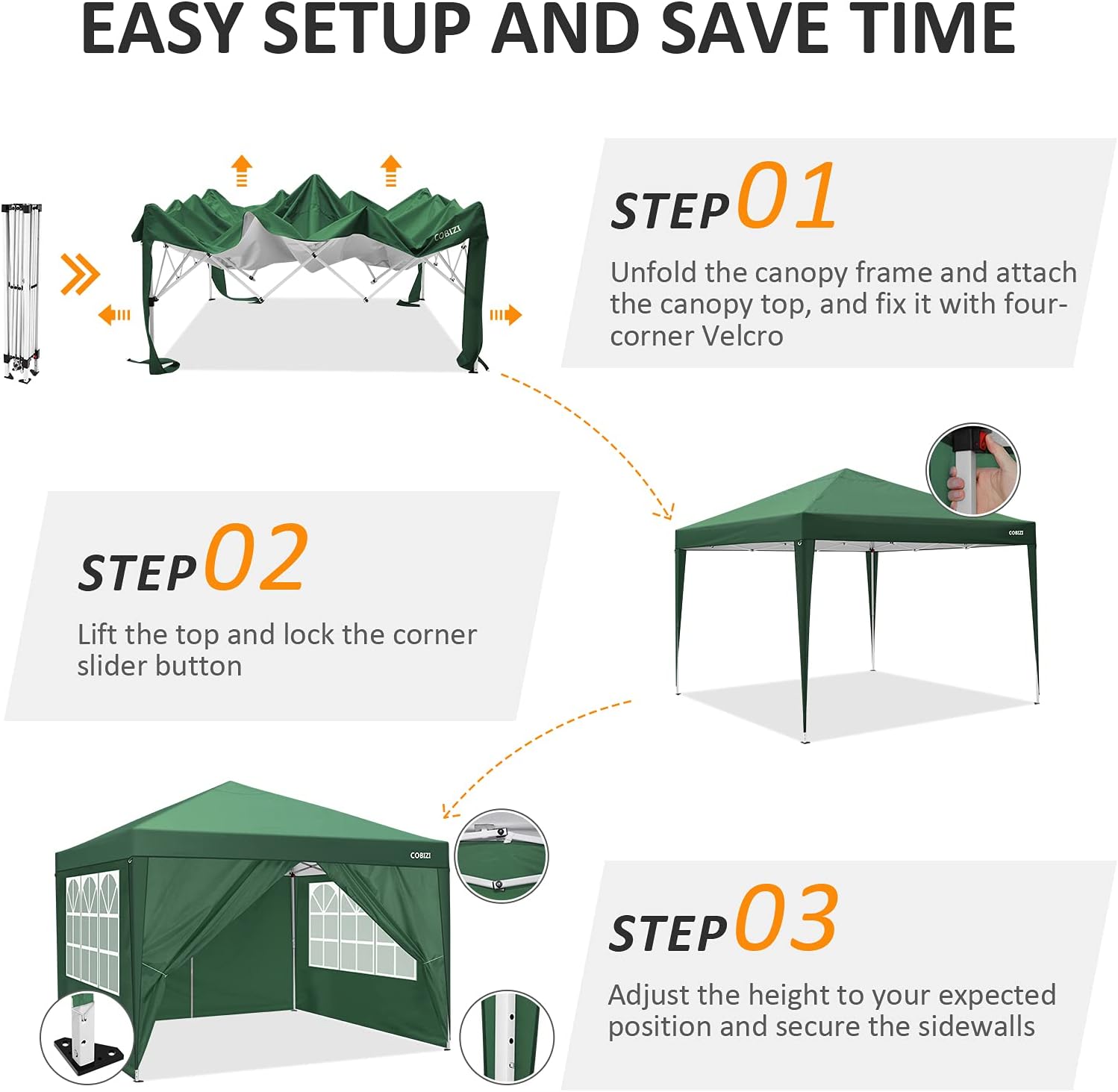 COBIZI 10x10 Pop Up Canopy Tent with 4 Sidewalls,10x10 Ez Up Waterproof Canopy Tents for Parties Camping Exhibition, Outdoor Easy Set U Gazebo Tent with Carry Bag,8 Stakes & 4 Ropes(Green