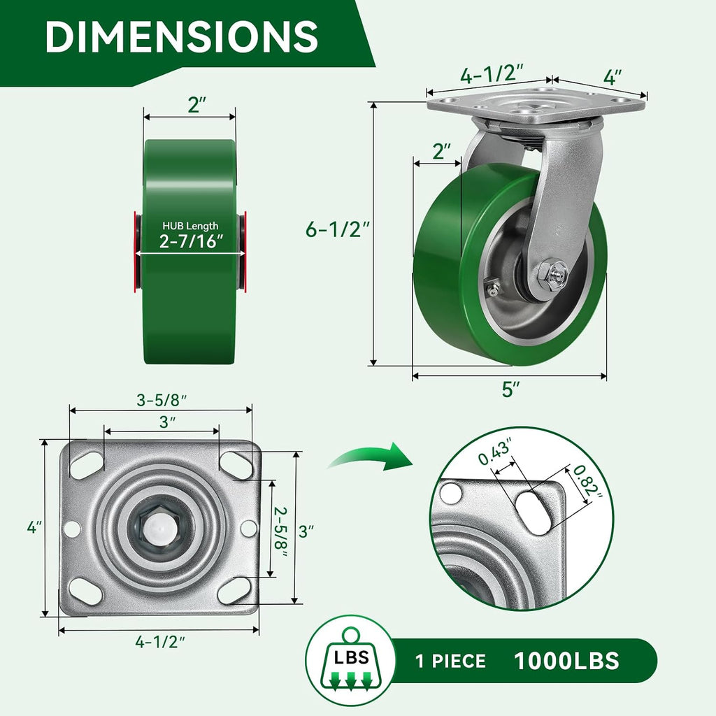 5x2 Heavy Duty Casters -Polyurethane on Aluminum Caster Wheel, Casters Set of 4 Heavy Duty with up to 4000LB Capacity- Widely Used in Tool Box,Workshop,Garage (2 Swivel &2 Rigid)