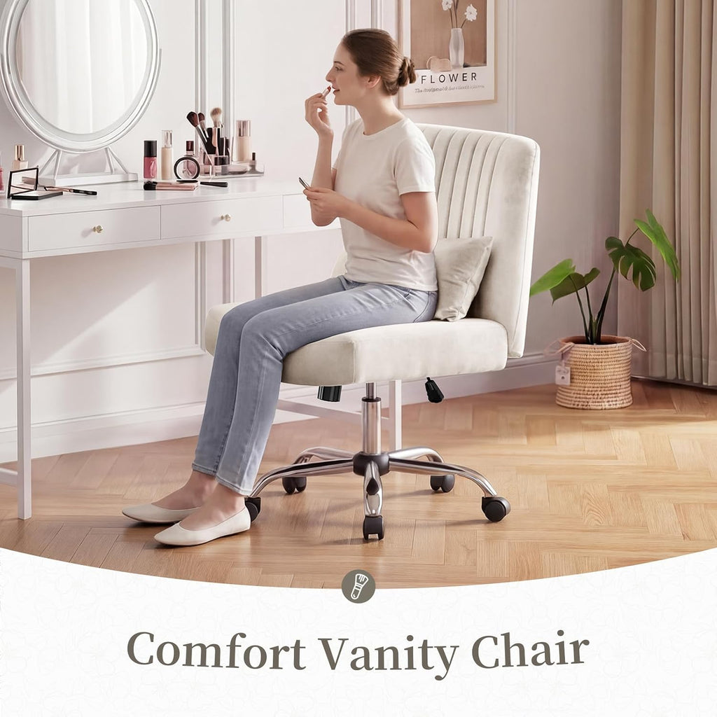 Velvet Office Chair, Luxury Criss Cross Chair with Wheels, Comfy Cross Legged Desk Chair for Home Office, Height Adjustable Vanity Chair, Wide Seat Computer Chair, Gift for Girlfriend, Cozy Beige