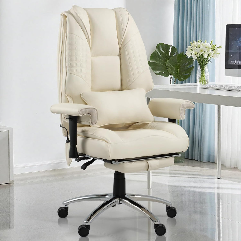 Massage & Heated Office Chair with Foot Rest, Ergonomic Executive Office Chair with Reclining Backrest, Adjustable Arms and Lumbar Support, High Back Leather Desk Chairs for Home Office, Beige