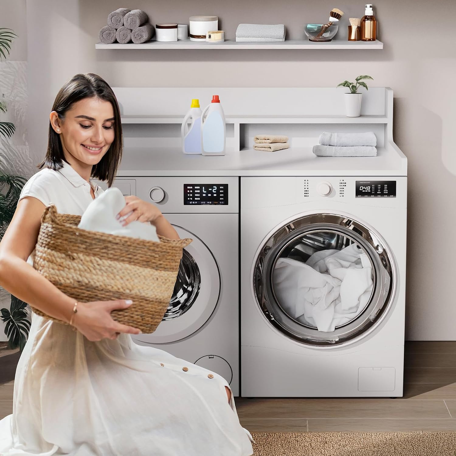 Washer Dryer Countertop, 54' x 27.55' 2-Tier Washer Dryer Topper with Edge, for Laundry Room Organization Whisper White