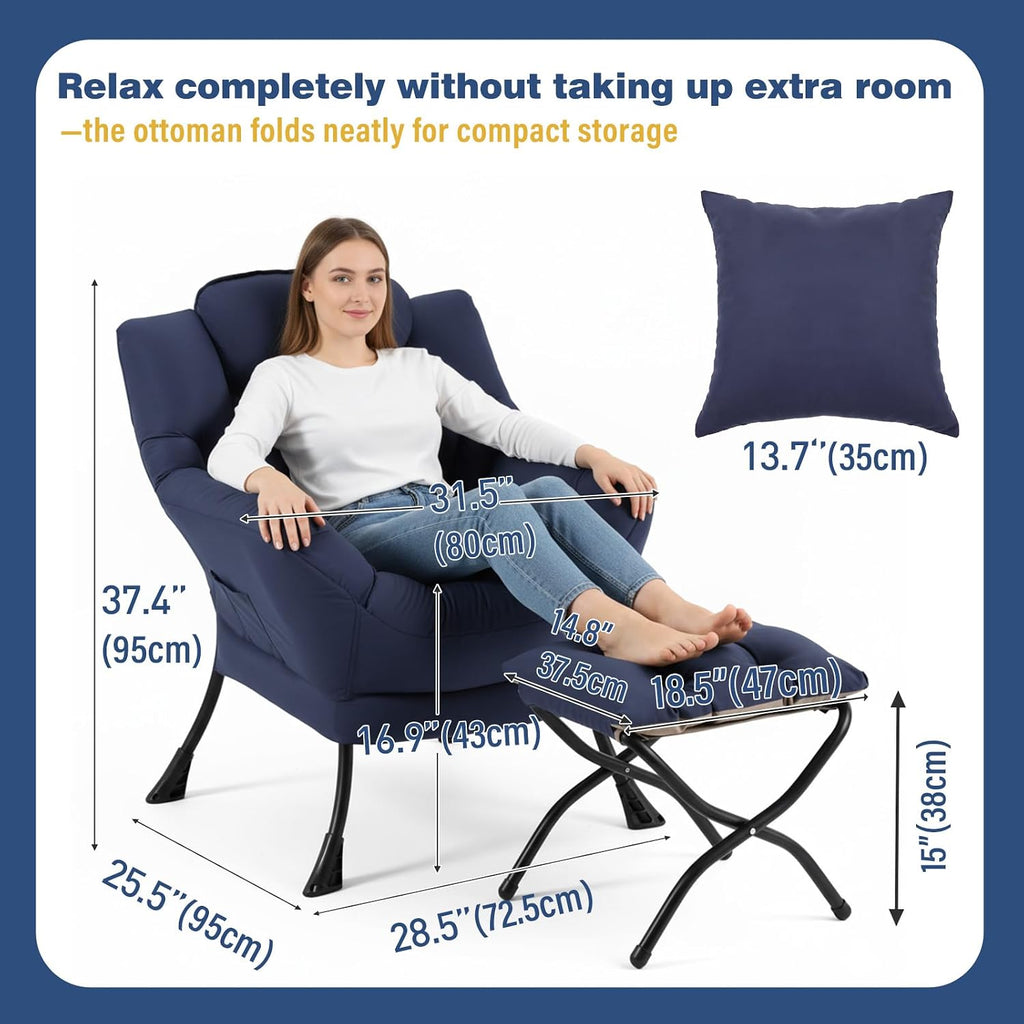 Lazy Chair with Ottoman, Large Accent Chair with Ottoman and a Throw Pillow, Navy Reading Chair for Living Room Bedroom Dorm Room Office Apartment Relaxing Use