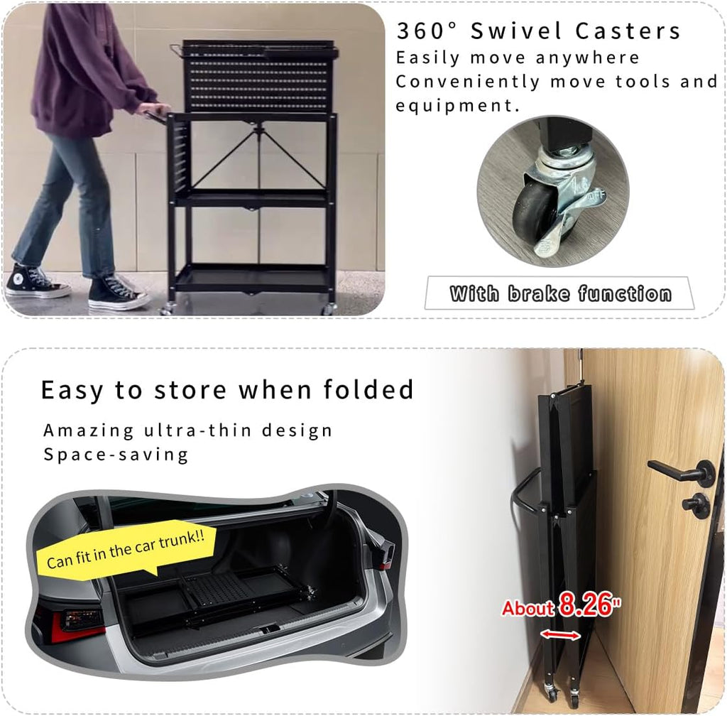 Lumizone Foldable Tool Cart with Wheels Rolling Utility Service Cart with Pegboard for Power Tool Organization Garage Organizer Storage on Wheels Heavy Duty Folding Design (Tool Cart)