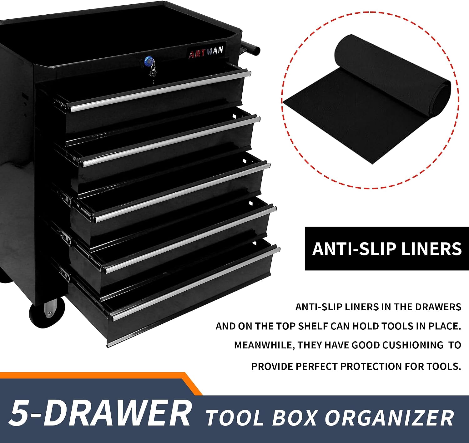 5 Drawers Rolling Tool Box，Tool Chest on Wheels, Lockable Tool Storage Cabinet Organizer Cabinet for Garage, Warehouse, Repair Shop, Workshop