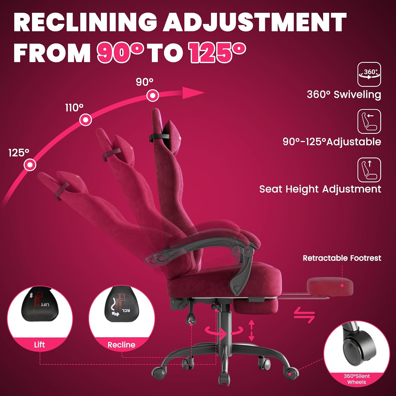 Ferghana Velvet Ergonomic Gaming Chair – High Back Design with Fire Embroidery, 20.5″ Wide Seat Cushion, Massage Lumbar Support & Footrest, Adult Computer Chair, Red