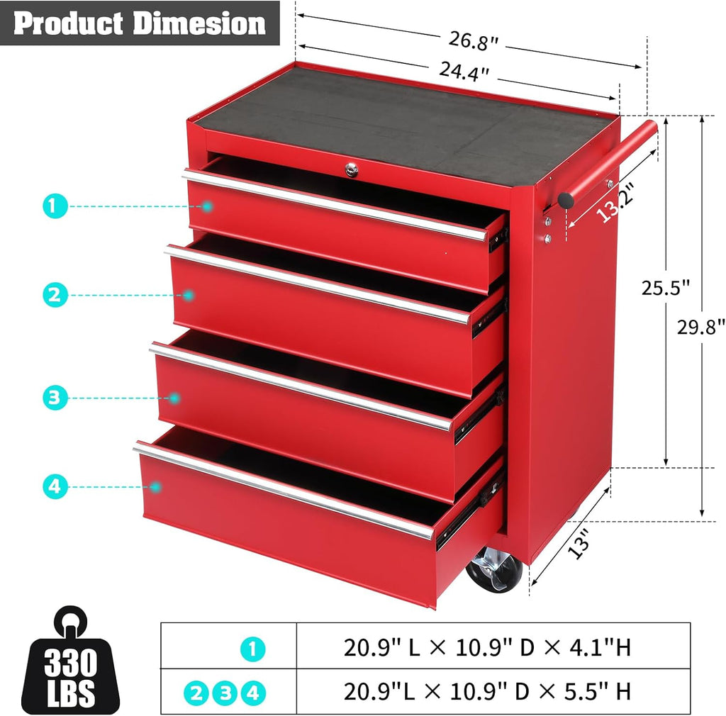 Vasitelan Tool Chest, 4 Drawers Rolling Tool Chest with Wheels, Portable Rolling Tool Box on Wheels, Tool Chest Organizer for Garage, Workshop, Home Crafts Use (Red)