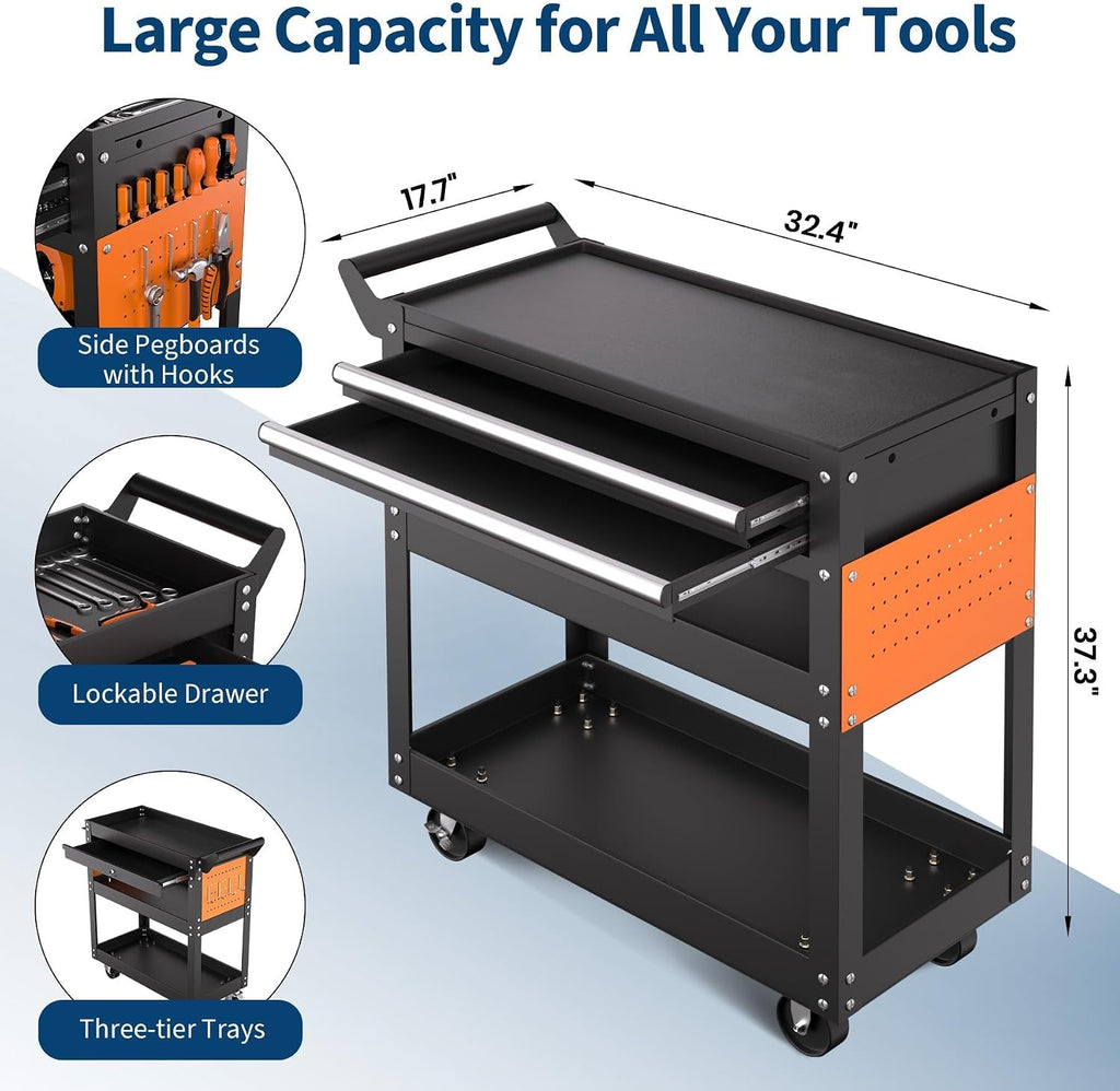 5 Tier Heavy Duty Rolling Tool Cart On Wheels, 400 Lbs Capacity, Metal Utility Carts with Lockable Drawer & Side Pegboards, Mechanic Tool Storage Organizer for Garage Workshop Repair Shop