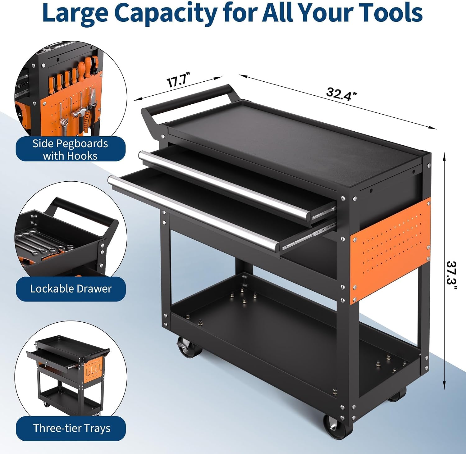 5 Tier Heavy Duty Rolling Tool Cart On Wheels, 400 Lbs Capacity, Metal Utility Carts with Lockable Drawer & Side Pegboards, Mechanic Tool Storage Organizer for Garage Workshop Repair Shop