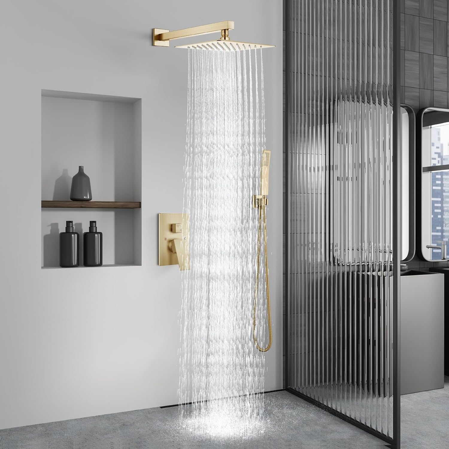 Aolemi Shower Faucet Set Rain Shower System with Handheld Spray Bathroom Shower Combo Rough-in Valve and Shower Trim Kit Included Brushed Gold 10 Inch Wall Mount Shower Head
