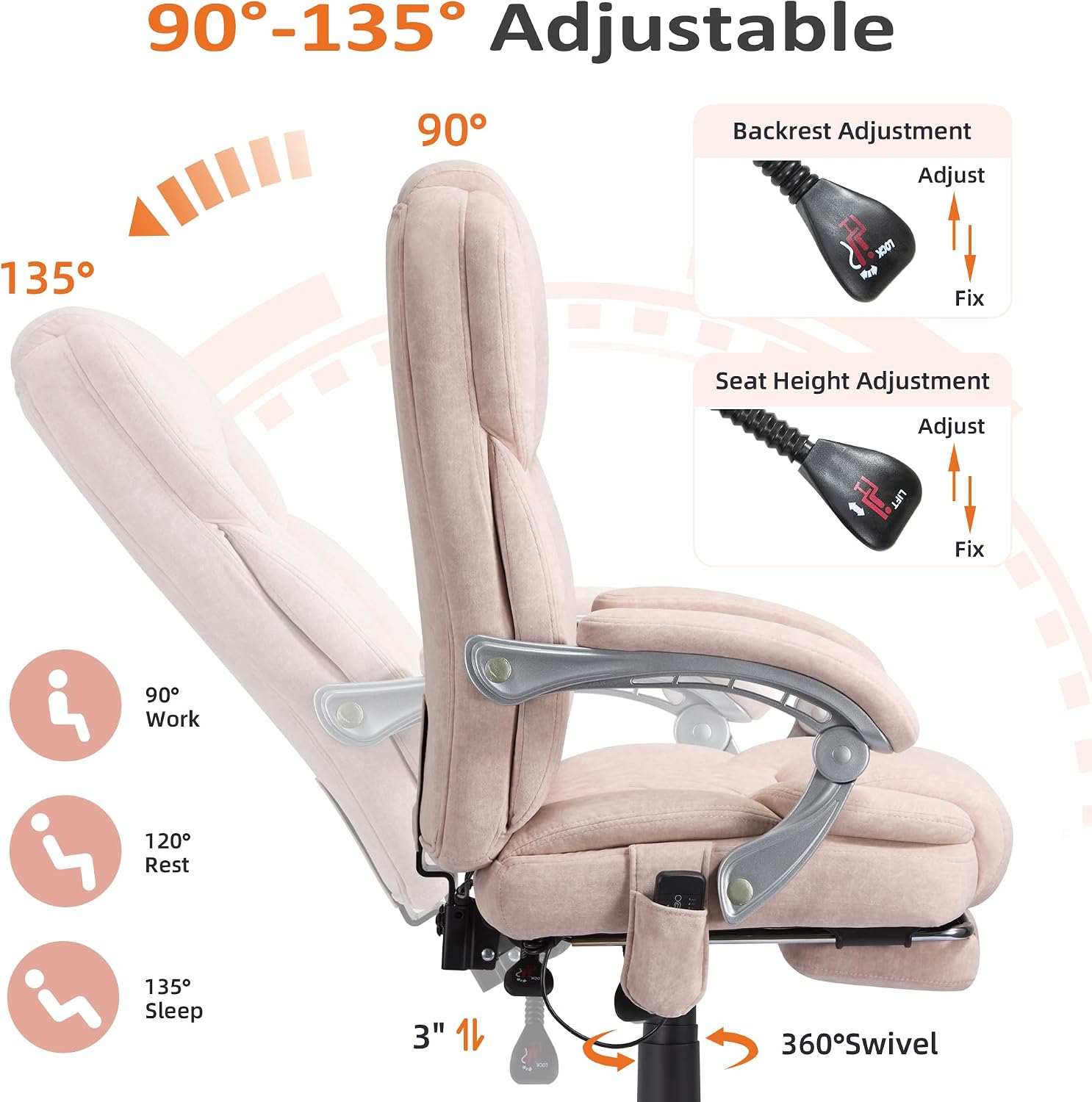 HOMREST 6-Point Massage Office Chair with Footrest, Heated Executive Office Chair with Reclining Backrest, Velvet Ergonomic Computer Desk Chair with Padded Armrest,Pink
