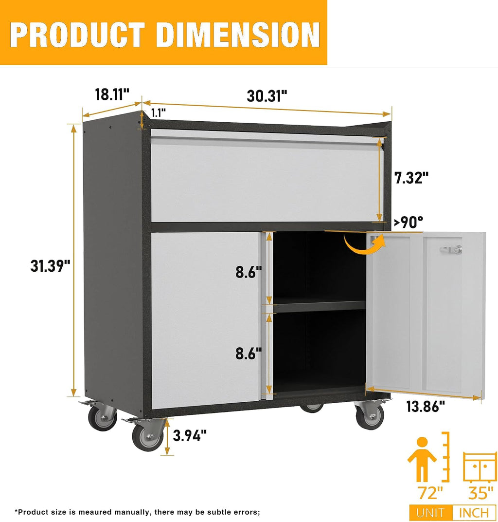 35.43' H Metal Storage Cabinet on Wheels,Lockable Rolling Garage Storage Cabinet with 1 Drawer & 2 Doors,Mobile Tool Cabinets for Home Office,Basement,Shop