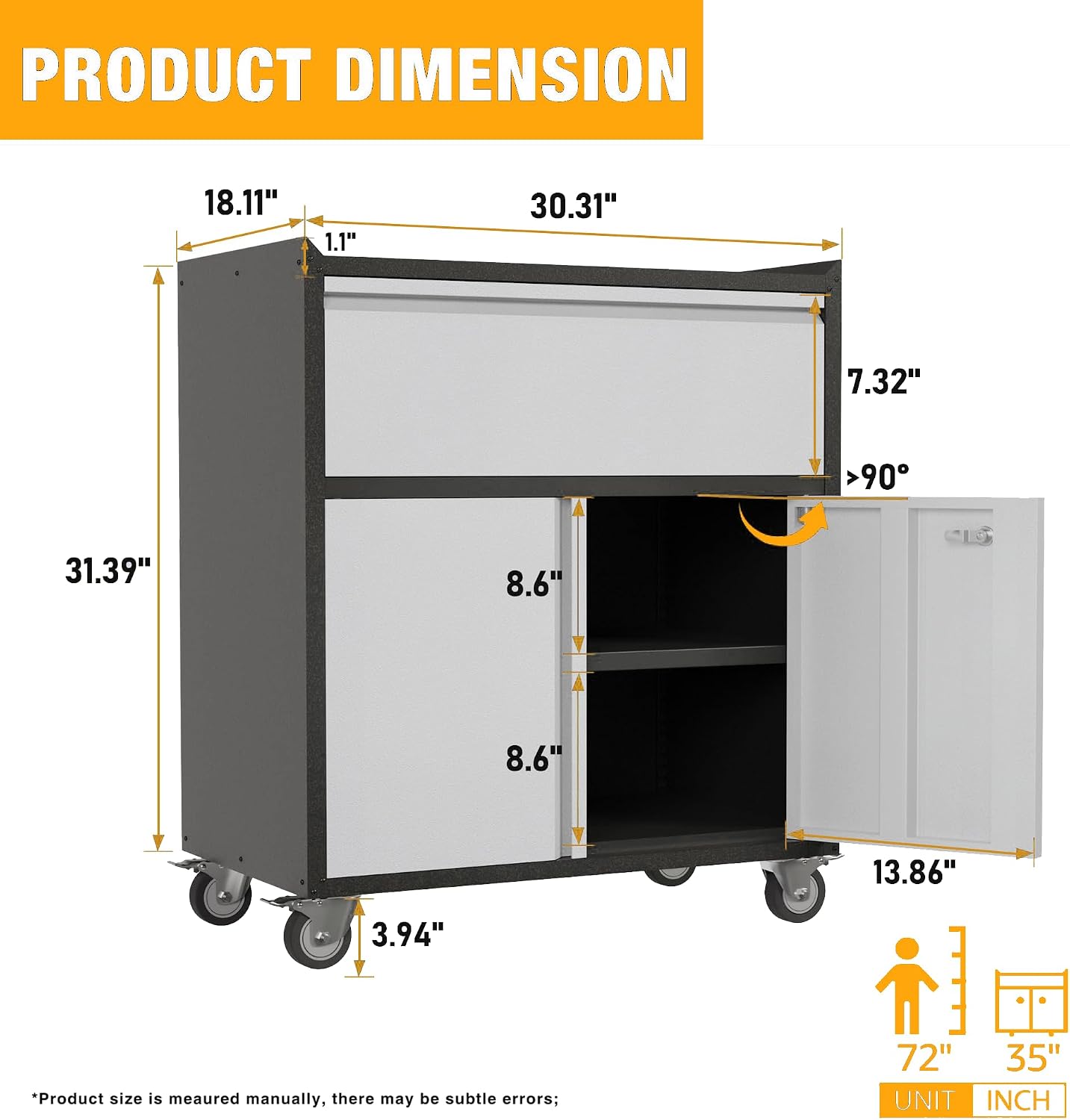 35.43' H Metal Storage Cabinet on Wheels,Lockable Rolling Garage Storage Cabinet with 1 Drawer & 2 Doors,Mobile Tool Cabinets for Home Office,Basement,Shop
