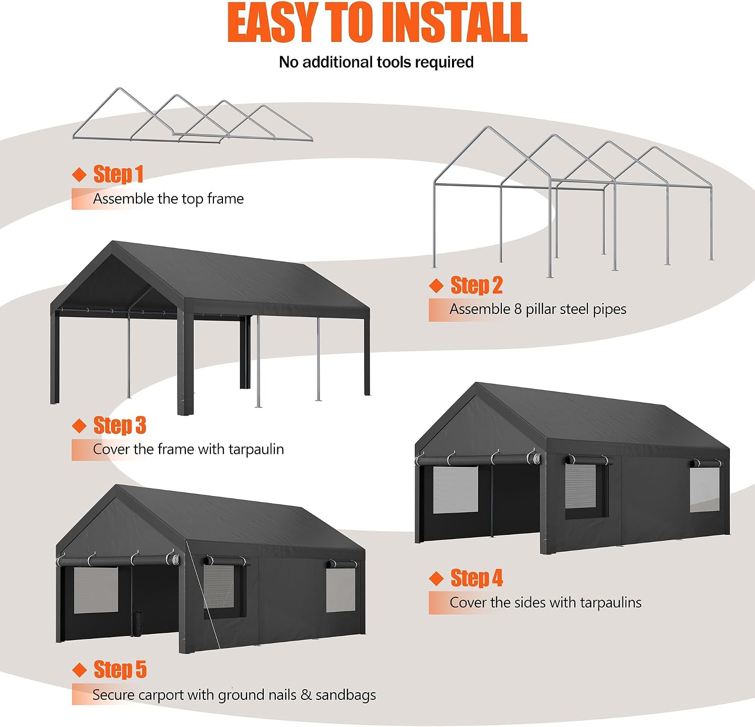 JAMFLY Carport, 12x20 ft Heavy Duty Carport with Roll-up Windows, Portable Garage with Removable Sidewalls & Doors, Car Canopy with Sandbags and All-Season Tarp for Car Boat Truck Motorcycle, Grey